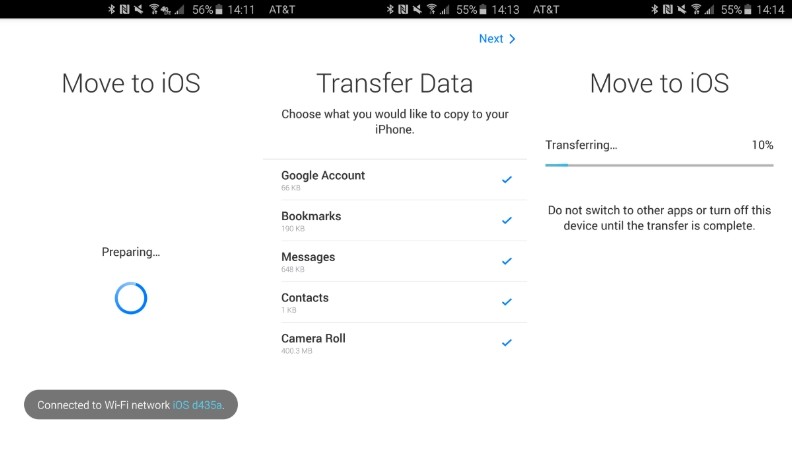 elige los datos para pasar de Android a iOS